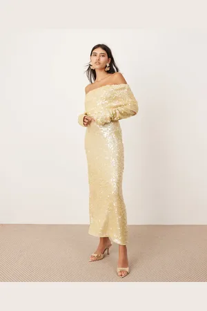 ASOS Allover sequin knitted bardot maxi dress in cream