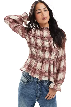 ASOS Asymmetric ruched detail long sleeve top in check