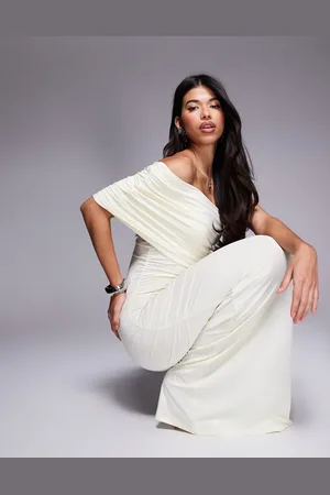 ASOS One shoulder ruched mesh maxi dress in buttermilk