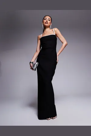Vesper Bengaline square neck contrast piping bodycon maxi dress in