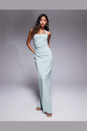 Vesper Bengaline halterneck strap bodycon maxi dress in sage