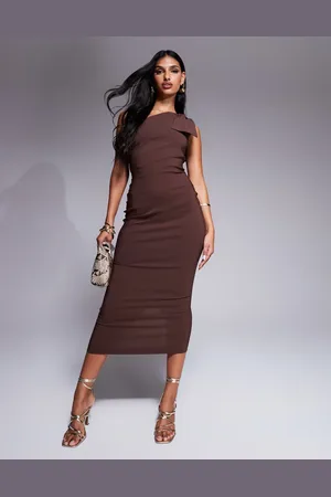 Vesper Bengaline one shoulder bow detail midi dress in chocolate