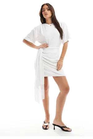 4th & Reckless Cutout fringed side drape detail short sleeve mini dress in white