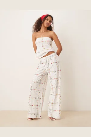 ASOS Broderie drawcord straight trousers in floral square print
