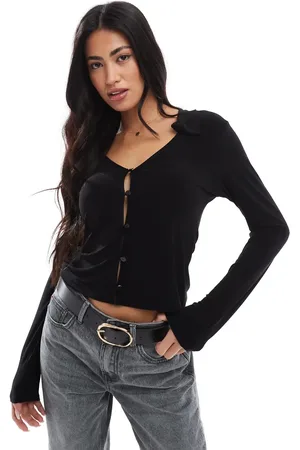 Miss Selfridge Collared long sleeve jersey top in black