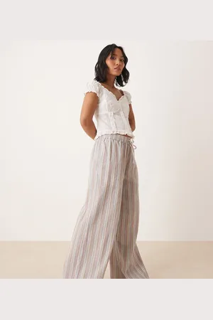 ASOS Petite linen look pull on straight leg trousers in stripe