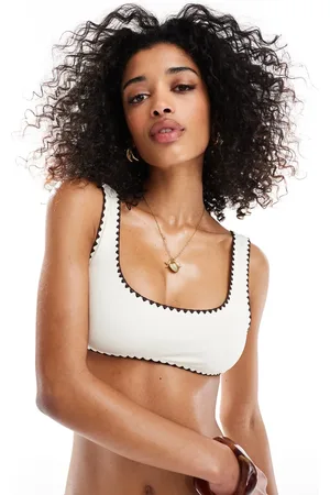 Miss Selfridge Blanket stitch detail bikini top in cream with chocolate stitching