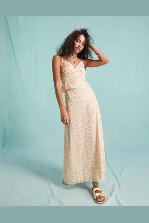 Miss Selfridge Western satin lace trim maxi skirt in ditsy