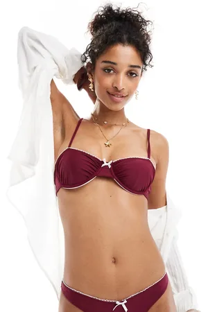 Miss Selfridge Underwire bikini top with picot trim in burgundy