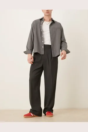 ASOS Smart wide leg trousers with front pleat in charcoal pinstripe with elasticated waist
