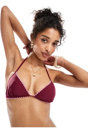 Miss Selfridge Blanket stitch detail triangle bikini top in burgundy with pink stitch