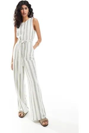 ONLY Sleeveless belted linen mix jumpsuit in cream and sage stripe