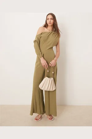 ASOS Linen fallen shoulder jumpsuit in khaki