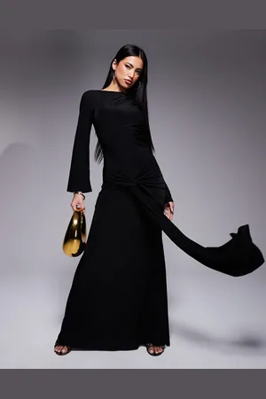 ASOS Long sleeve asymmetric neckline maxi dress with front tie sash in