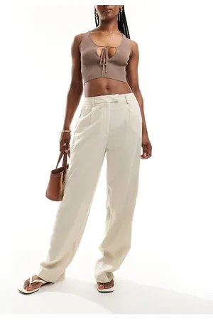 Pieces® Linen blend high waisted wide leg trouser in cream