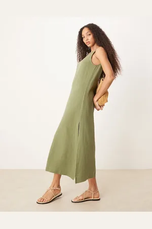 ASOS Scoop neck midi dress in linen in olive
