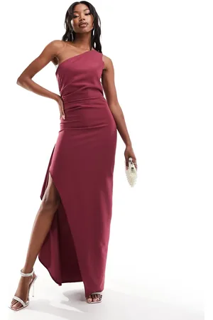 Vesper Bengaline one shoulder drape side split maxi dress in berry