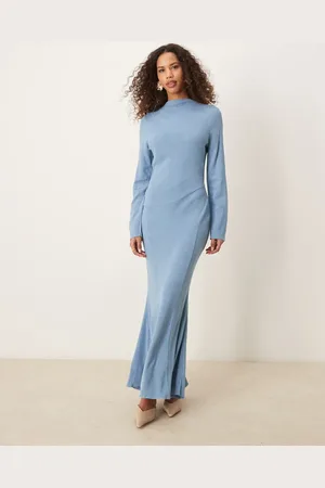 ASOS Linen high neck seam detail maxi dress in faded denim