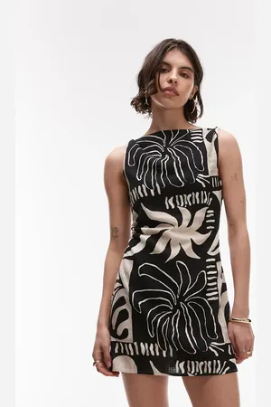 Topshop Twist shoulder mini linen dress in mono abstract print