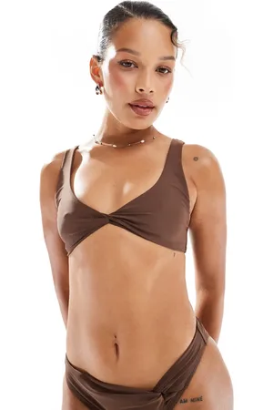 Miss Selfridge Twist front crop bikini top in chocolate