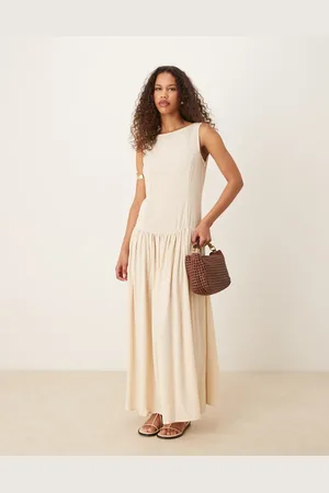 ASOS Linen blend low back drop waist maxi dress in beige