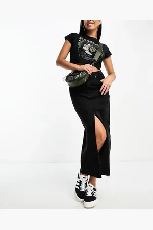 Stradivarius Denim midi skirt with front split in