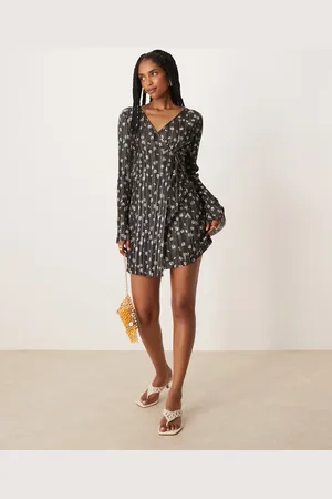 ASOS Plisse long angel sleeve wrap front mini dress in daisy print