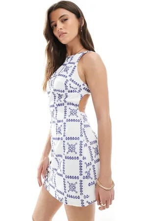 Stradivarius Embroidered mini dress in blue tile print