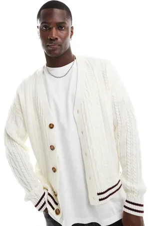 ASOS Boxy relaxed cable knit cardigan in cream with burgundy tipping