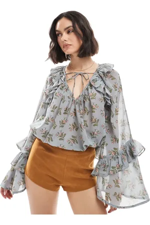 ASOS Tie neck smock top with flare sleeves in floral print