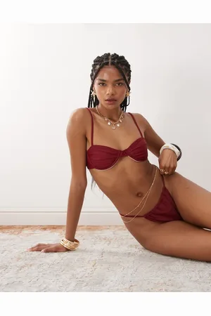 Miss Selfridge Mix and match ruched cup skinny strap bikini top in burgundy