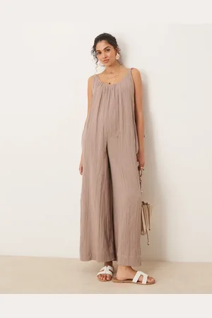 ASOS Double cloth plait tie detail scoop neck jumpsuit in taupe