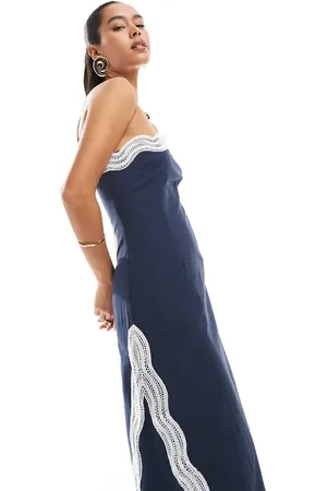 4th & Reckless Linen look contrast scallop detail bandeau maxi dress in