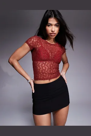 ASOS Lace short sleeve baby tee in burgundy