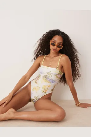ASOS Sunny tropical print removable strap swimsuit in yellow