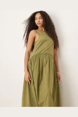 ASOS Slash neck smock midi dress with dropped waist in in olive