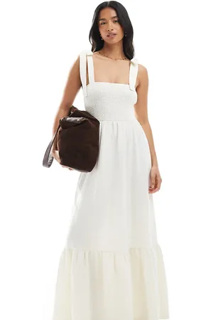 Miss Selfridge Seersucker tie shoulder tiered maxi dress in vanilla