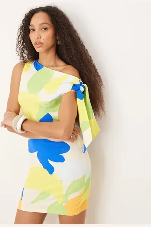 ASOS One shoulder tie knot detail mini dress enlarged floral print