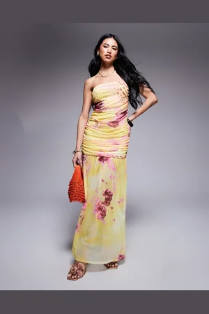 ASOS Ruched bandeau maxi dress with dropped waist in yellow floral animal print