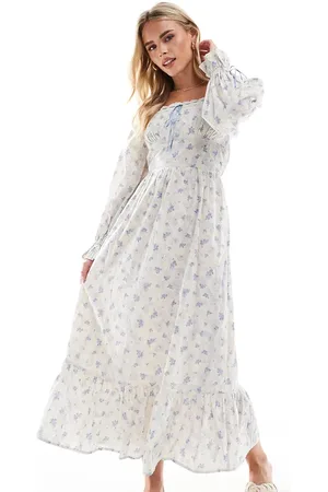 Miss Selfridge Milkmaid maxi dress in blue ditsy floral print