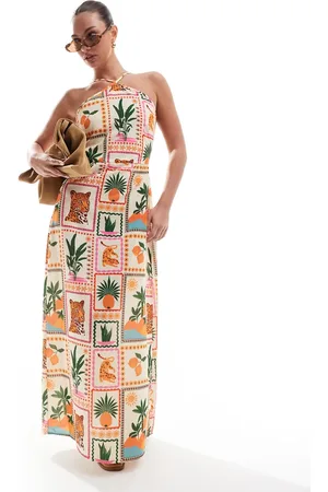 VERO MODA Halter maxi dress in tropical postcard print