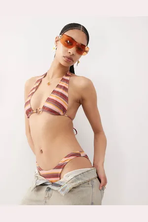 Motel Cerry bead detail striped bikini top in