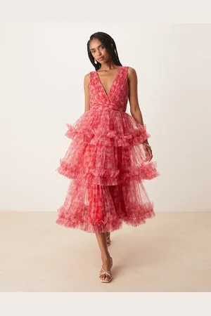 Lace & Beads Ruffle tiered midaxi dress in red and floral
