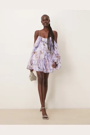 ASOS Draped off shoulder tiered mini dress with lace inserts in blurred abstract print