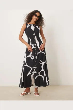 ASOS Slash neck button down waistcoat maxi dress in black abstract print
