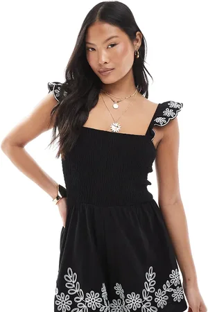 Miss Selfridge Embroidered frill sleeve playsuit in