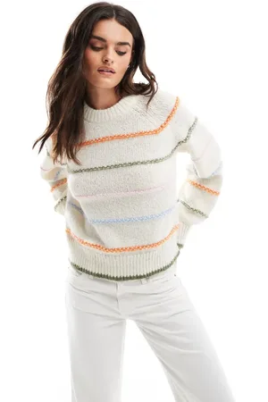 Pieces® Knitted jumper with multi stripe detail in cream