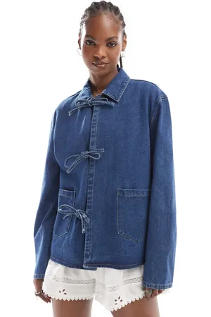 ONLY Tie front denim jacket in mid wash