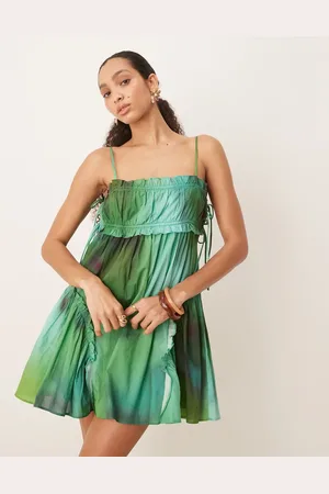 ASOS Babydoll mini dress with ruffle hem in green blurred print