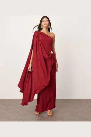 ASOS Draped one shoulder maxi dress with gold trim detail in burgundy